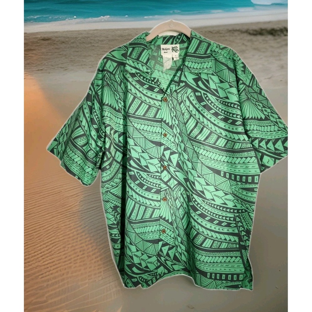 VTG Makani Hawaiian Shirt Men's Large Green Button Down Short Sleeve Lightweight